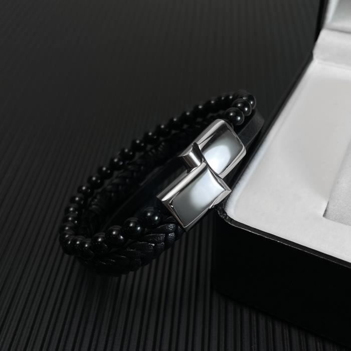 Bracelet Homme Acier Inoxydable Et Cuir Noir - Fermoir Magnétique 20,5 Cm