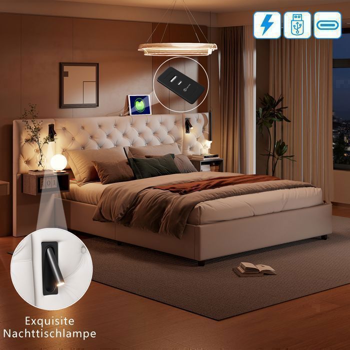 Lit 160×200 cm coffre Lit double rembourré avec table de chevet lampe de lecture et USB Type-C Lin Gris | Leroy Merlin
