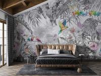 Papier Peint Panoramique Jungle Soie,Poster Geant Mural Personnalisé 3D pour Salon Chambre Décoration , Forêt Tropicale Perroquet