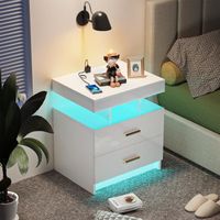 Table de nuit LED moderne blanche avec 2 tiroirs - Marque - Modèle - Bureau - Adulte - Contemporain - Design