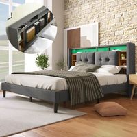 Lit adulte 140x200 cm - Tête de lit avec rangement, LED et ports USB - sommier à lattes en bois massif - Gris
