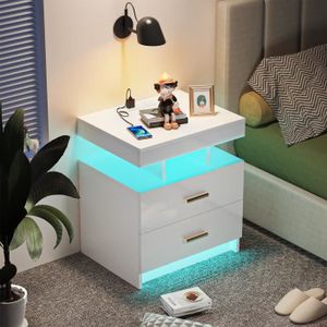 CHEVET Table de nuit LED moderne blanche avec 2 tiroirs - Marque - Modèle - Bureau - Adulte - Contemporain - Design