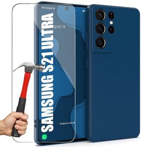 COQUE - BUMPER Coque pour Samsung S21 Ultra avec 2 Verres Trempés Anti-Rayures Effet Mat Bleu Marine