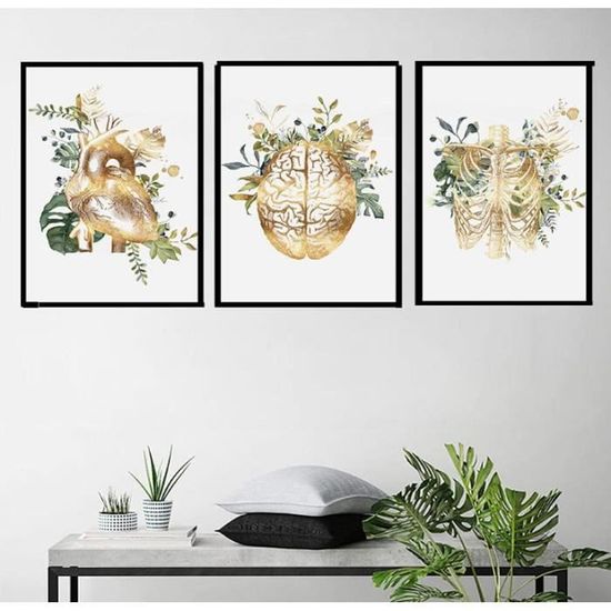 Tableau Toile 3 Pièces Déco Murale – Motif Feuille Dorée Abstraite Sur Fond Noir Et Blanc – Sans Cadre 50x70cm – Pour Salon, Chambre, Bureau