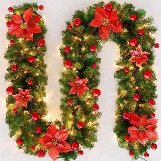 Guirlande De Noël Lumineuse 2,7m - Fleurs Rouges Et Dorées, Boules Rouges - LED Avec Piles (Non Fournies) - Pour Mur, Porte, Sapin