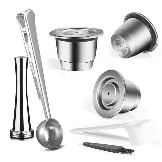 Capsule de Café Réutilisable Filtre à Café en Acier Inoxydable / Compatible Nespresso Écologique Maille Rechargeable / Inclut Cuillère Brosse Barre de Poudre / 3x3x4cm / Facile à Nettoyer Durable