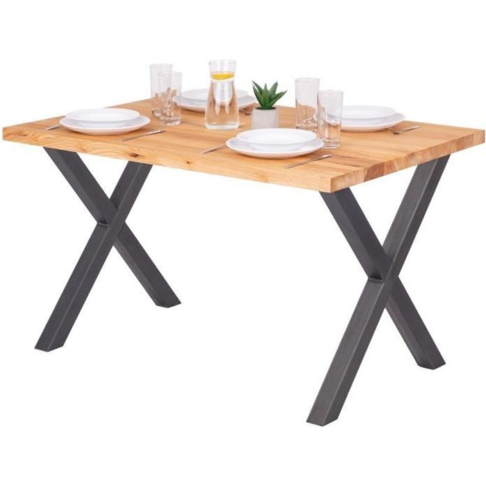 LAMO MANUFAKTUR Table à manger industrielle en bois massif - 120x80x76cm - frêne naturel - pieds acier brut - modèle design