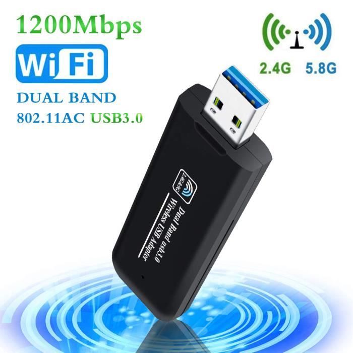 Clé WiFi USB 3g - 1200Mbps adaptateur wifi usb - USB 3.0 Dongle Wifi Bi-bande 2.4G/5.8G 802.11 AC - Bouton WPS - SoftAP Mode - Noir