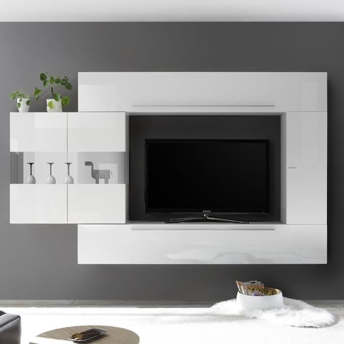 Meuble mural TV blanc laqué design SALEMI Blanc L 260 x P 35 x H 200 cm