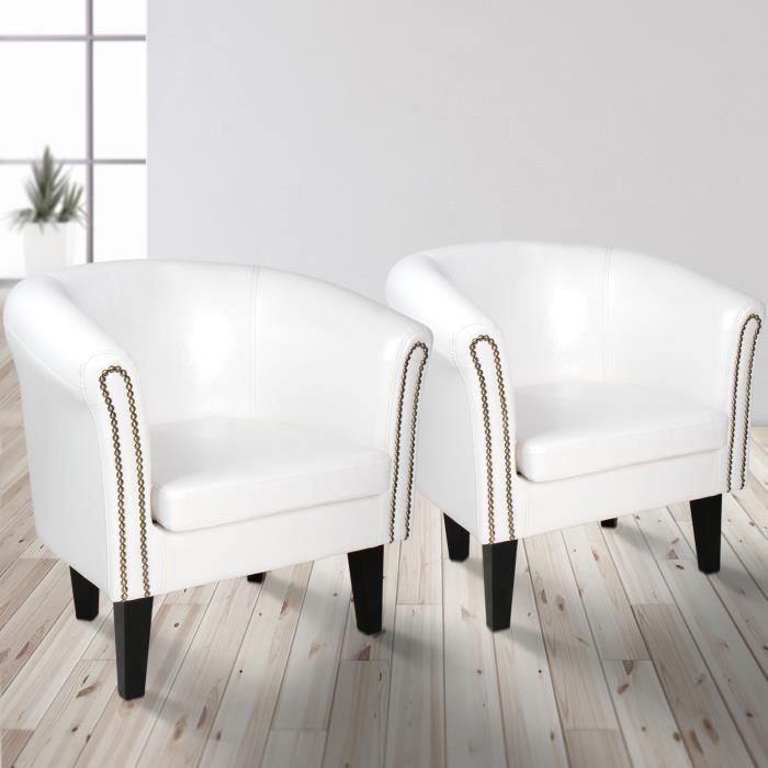 MIADOMODO® Fauteuil Chesterfield - Lot de 2, Simili Cuir et Bois, 58x71x70cm, Blanc - Chaise, Cabriolet, Meuble de Salon
