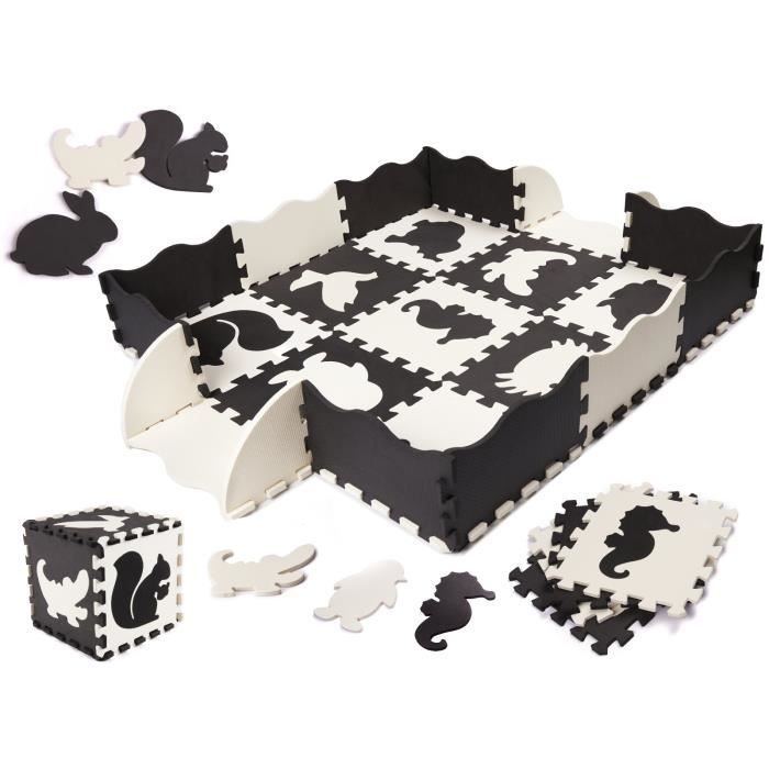 IKONKA Tapis puzzle en mousse pour enfants 25 éléments noir et blanc