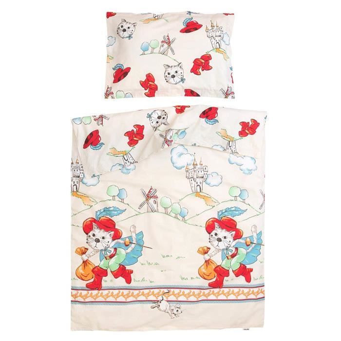 Tommy le chat botté - Pati'Chou 100% Coton Linge de lit pour bébé (Taie d'oreiller et Housse de couette 80x120 cm)