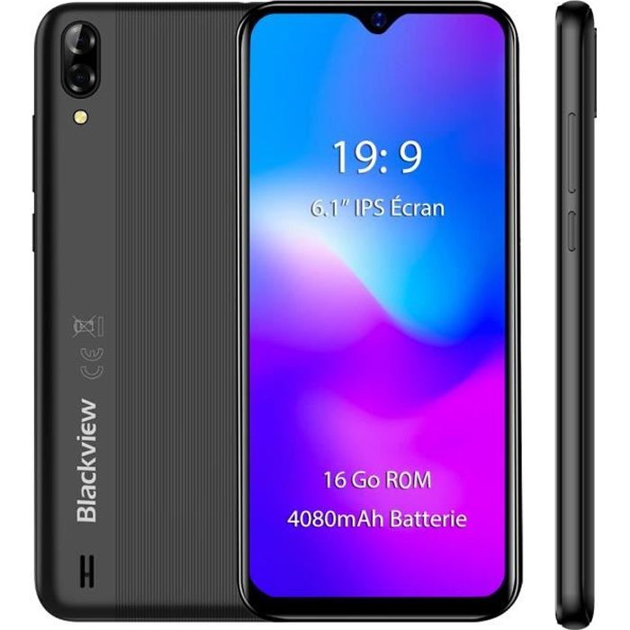 Smartphone Pas cher Blackview A60 16Go 6.1- Écran Goutte d'eau Caméra 13MP 4080mAh batterie Téléphone portable - Noir