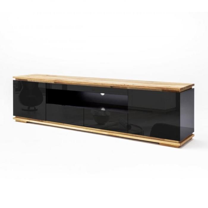 Meuble TV CHARLY noir brillant 2 tiroirs 2 portes 1 niche socle plateau chêne massif noir Bois Inside75