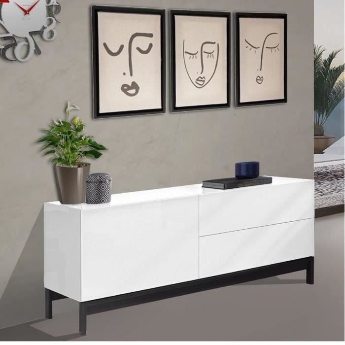 Meuble TV design METIS 110 cm laqué blanc brillant 1 portes 2 tiroirs blanc MDF Inside75
