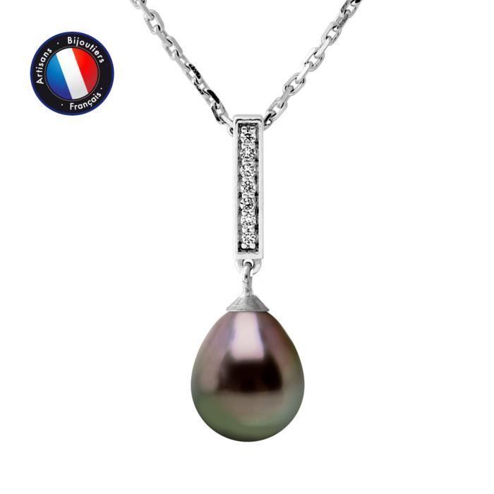 PERLINEA - Collier Perle de Tahiti A+ - Poire 8-9 mm - Barette d'Oxydes de Zirconium - Argent 925 Millièmes - Bijoux Femme