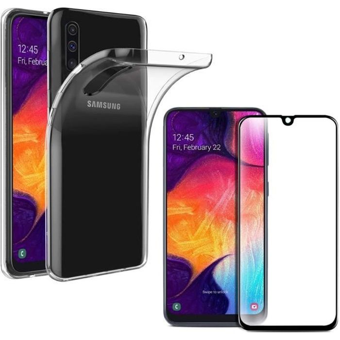 Coque Samsung Galaxy A50 - Silicone Souple Transparent + Verre Trempé Integral Bord Noir Film Ecran [Phonillico®]