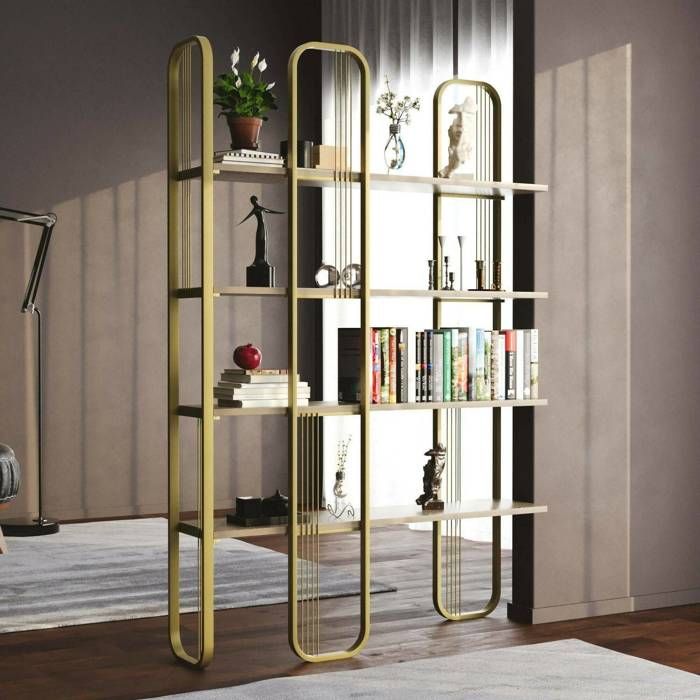 Dmora - Bibliothèque Angylla 125x28xh180 cm Doré Panneau effet bois et Métal Dmora - Bibliothèque Angylla 125x28xh180 cm Doré Panneau effet bois et Métal