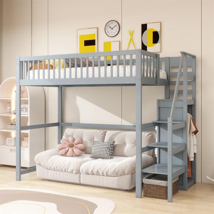 Lit Mezzanine 1 Place 90x200 Lit Mezzanine Enfant avec Escalier Lit en Hauteur en Bois avec étagères de Rangement Armoire Gris
