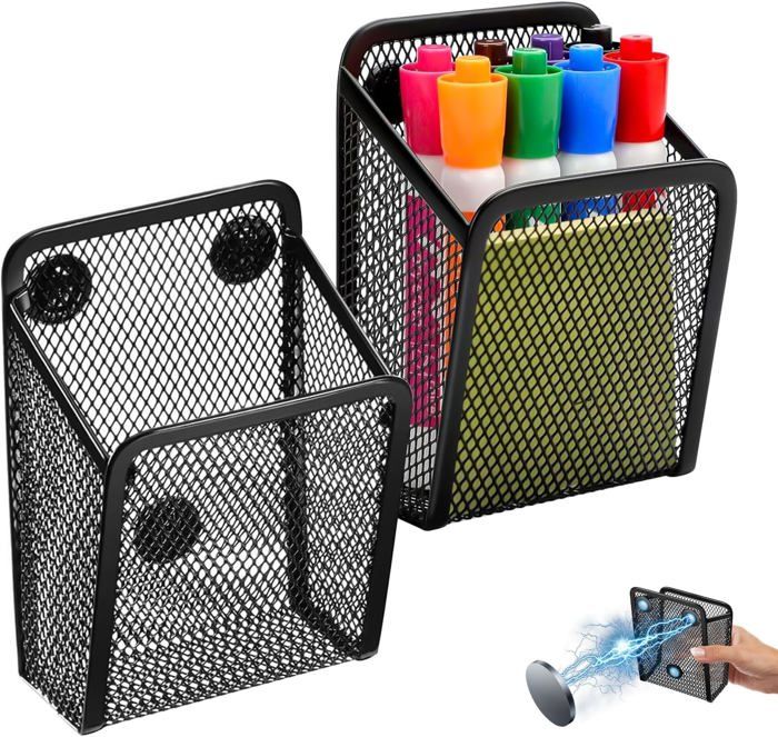 Lot De 2 Porte-stylos Magnétiques, Organisateur De Bureau En Maille Métallique, Panier De Rangement Magnétique Noir, Pour Réfrigérateur, Tableau Blanc, Fournitures De Bureau, Accessoires De Casier