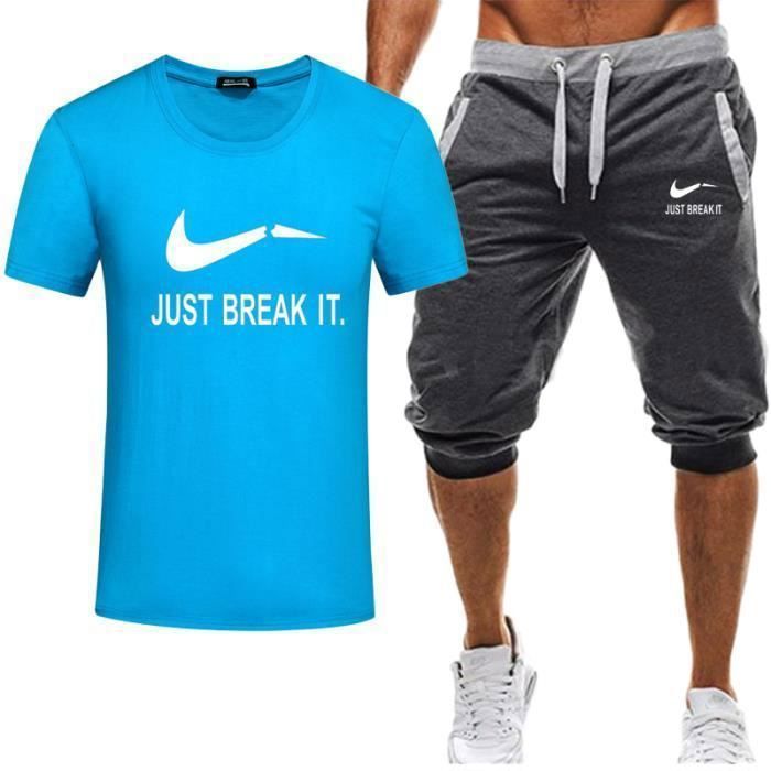 Ensemble de vêtement homme été casual t-shirt à manches courtes pantacourt short de sport set de 2 pièces Gris foncé/bleu#S