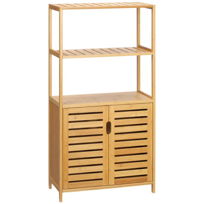 Meuble salle de bain - kleankin - 2 étagères ouvertes et double porte à lattes - en bambou - 60 x 30 x 120 cm - effet bois naturel