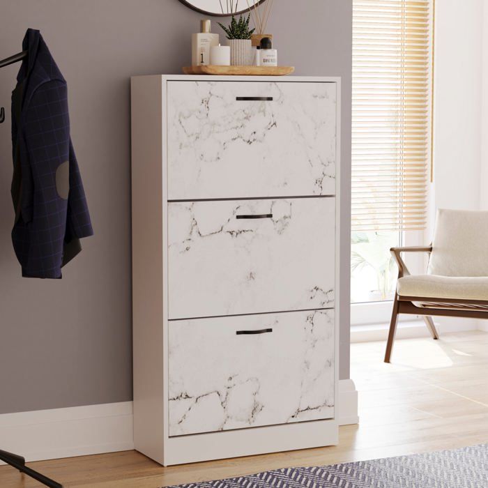 Meuble à chaussures 3 tiroirs – Armoire de rangement pour chaussures meuble d’entrée ou de couloir Marbre blanc