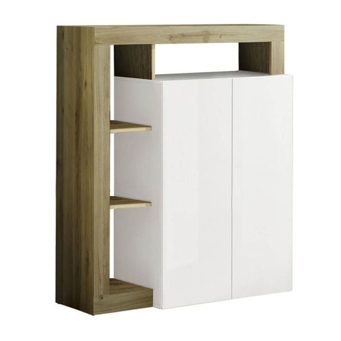 ARTURO - Meuble Bar 2 Portes Blanc Laqué Encadrement Niches Aspect Bois Cadiz ARTURO - Meuble Bar 2 Portes Blanc Laqué Encadrement Niches Aspect Bois Cadiz
