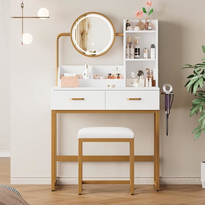 Coiffeuse moderne - éclairage LED miroir pivotant prises de courant 2 tiroirs + 2 étagères ouvertes - blanc - 80×138 5×40 cm