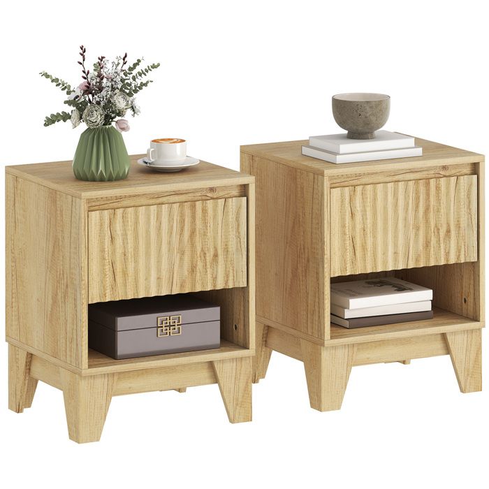 Lot de 2 tables de chevet - HOMCOM - compartiment ouvert et 1 tiroir - panneaux cannelés - bois naturel