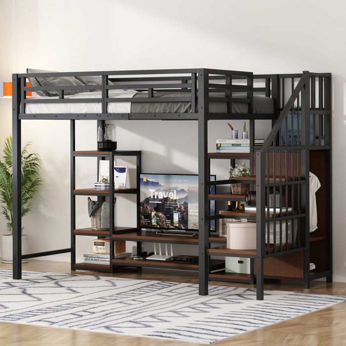 Lit mezzanine 90x200 avec meuble TV prise de courant et échelle lit superposé enfants avec Tringle à vêtements et étagère noir