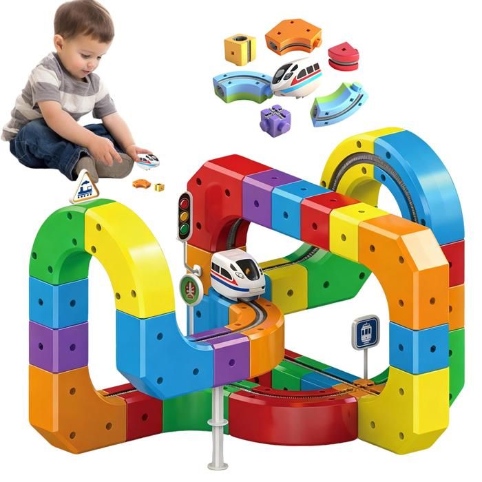 Circuit Voiture - Train Électrique À Construire Avec Pistes Modulaires - 81 Pièces En Plastique - USB Rechargeable - Jouet Éducatif