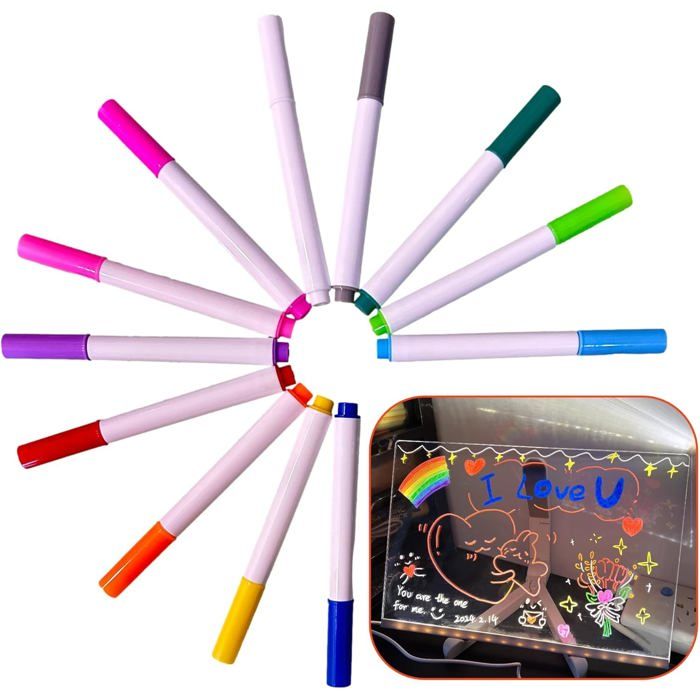Lot de 12 Stylos Fluorescents LED - Marqueurs Effaçables avec Projecteur Lumineux - Pour Tableaux et Papier - 12 Couleurs Incluses