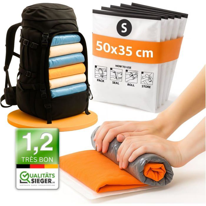 TRAHOO-Sac Sous Vide Voyage à Rouler I 8 PIECES I Taille S: 50x35 cm I Sac de Rangement Sous Vide Sans Aspirateur I Pochette [J100]
