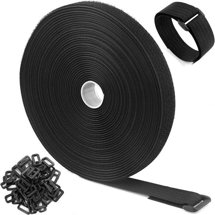 Sangles/Attaches de Câble Réutilisables Réglables Noires de 10m Avec 50 Boucles et Sangle de Fixation à Crochet Pour la Gestion de