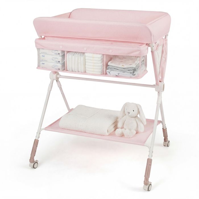 COSTWAY Table à Langer Pliante pour Bébé avec Roulettes Étagère et Panier 3 Hauteur Réglable pour Nouveau-nés 0-1 An Rose COSTWAY Table à Langer Pliante pour Bébé avec Roulettes Étagère et Panier 3 Hauteur Réglable pour Nouveau-nés 0-1 An Rose