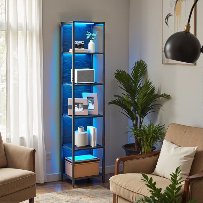 Bibliothèque LED à 6 Niveaux avec Cadre en Acier pour Salon Chambre Bureau Noir