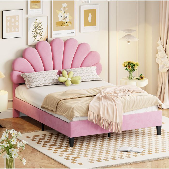 Lit double rembourré rose 140 × 200 avec tête de lit fleurie et sommier sans matelas