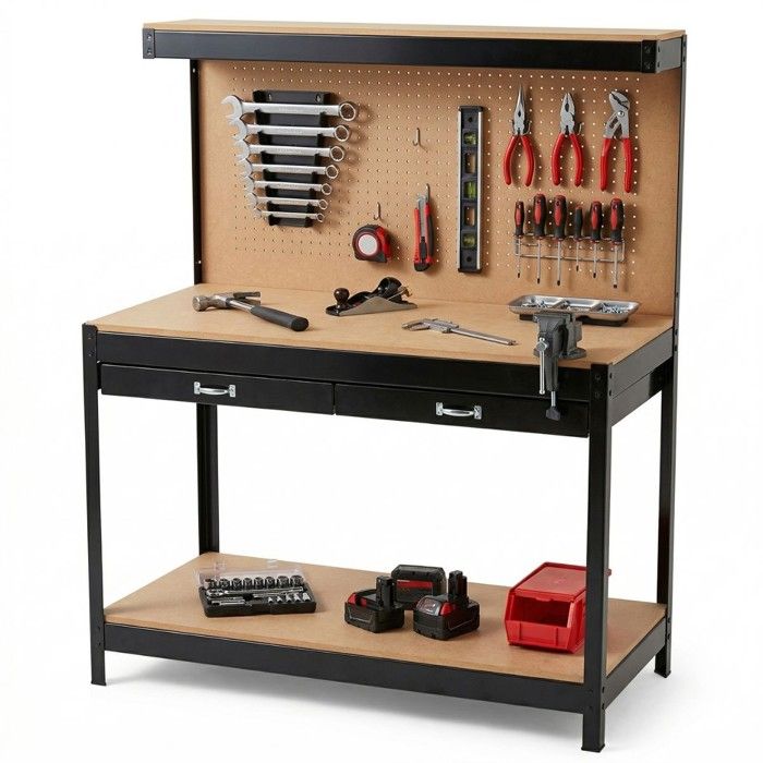 Etabli datelier Panneau porte outils perforé 120x60 xH150cm Etagère + Grand Tiroir de rangement PROWELTEK
