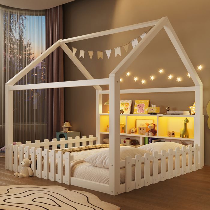 Lit enfant cabane 140x190 cm avec LED - barrière - rangements ouverts - bois de pin - blanc