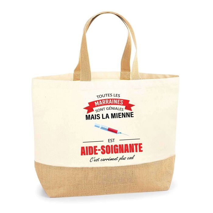 Tote bag - PLANETEE - Sac jute Marraine Aide Soignante - jute naturel - impression France - multicolore