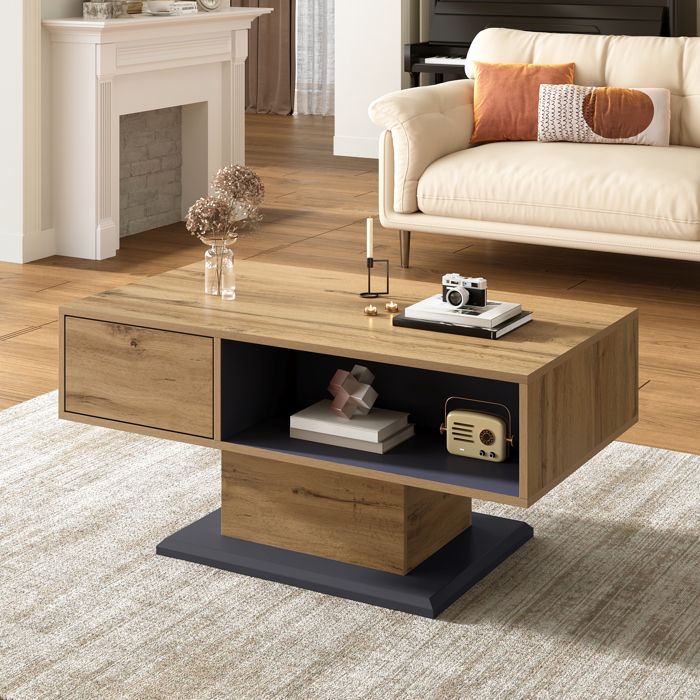Table basse de salon 100x50x465 cm avec rangement double face - Compartiments ouverts et niche intérieure - Effet bois noir