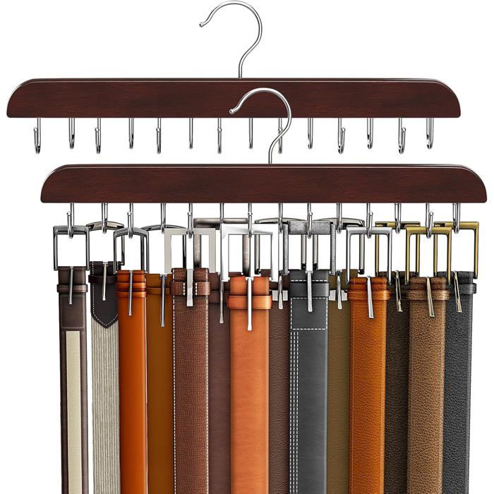 Porte Ceintures en Bois Massif Lot de 2 14 Crochets Rotatifs 360° Rangement Pour Cravates Foulards Accessoires de Dressing Gain d
