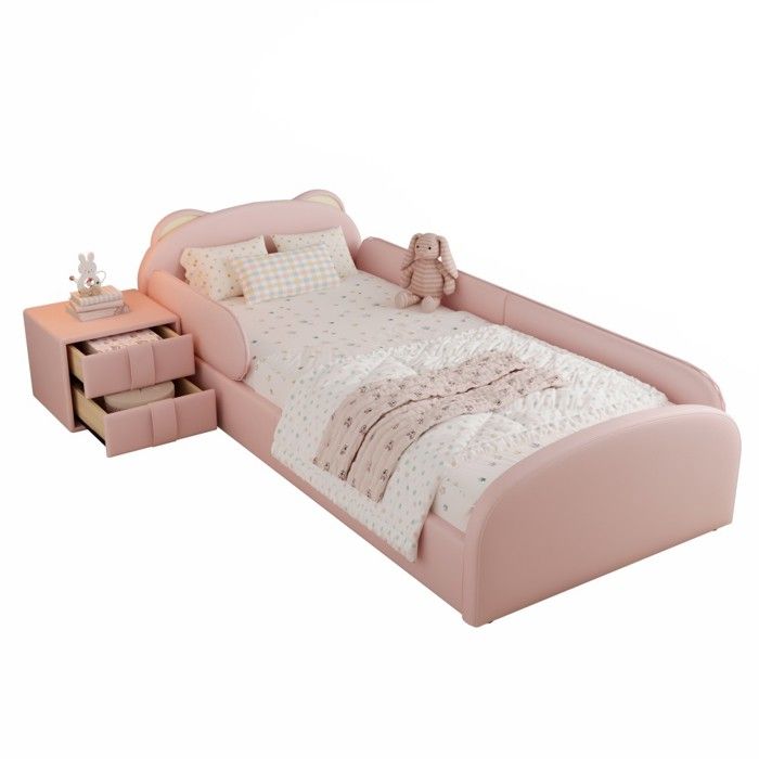 Lit Enfant Rose 90x200cmtête Ours Capitonnéemousse Anti-choc Velours Contreplaquétable Chevet FournieSans Matelas