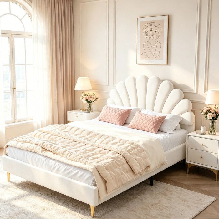Lit Double Capitonné 140x200cm Tête de Lits en Forme de Pétale Cadre de Lit 2 Personnes Sommier à Lattes Velours Beige