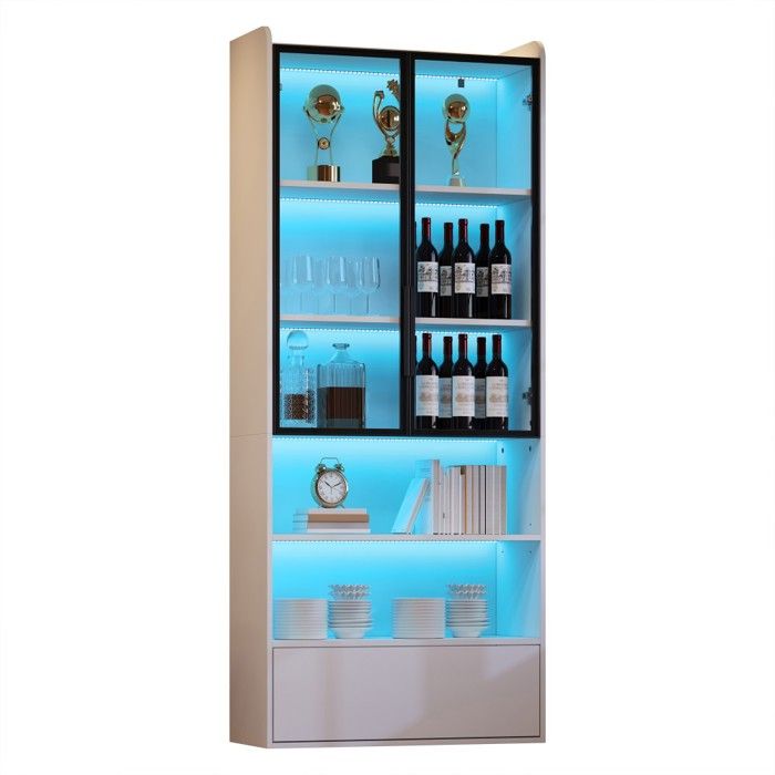 Vitrine Blanc 80x34x180cm armoire Haute LED 1 Tiroir portes Vitrées compartiment Ouvert meuble De Salon Décoratif Sur Pied Vitrine Blanc 80x34x180cm armoire Haute LED 1 Tiroir portes Vitrées compartiment Ouvert meuble De Salon Décoratif Sur Pied
