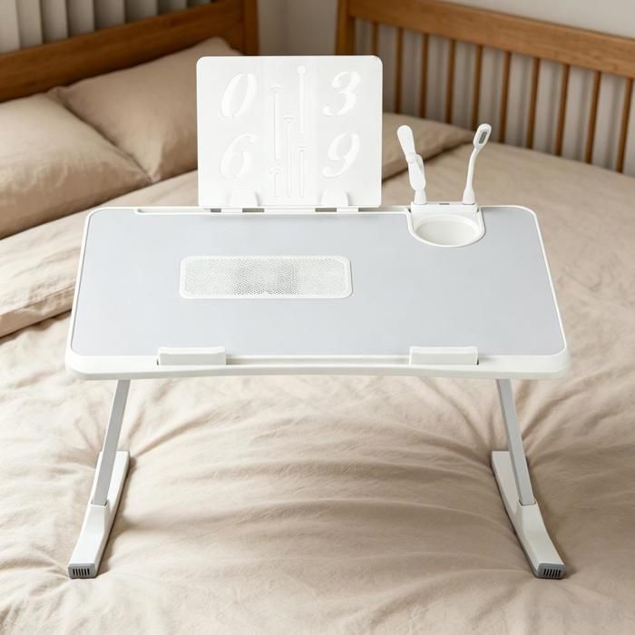 Table de Lit Ergonomique Réglable en Hauteur avec Tiroir Ports USB Support PC et Tablette pour Lire Travailler et Manger au Lit
