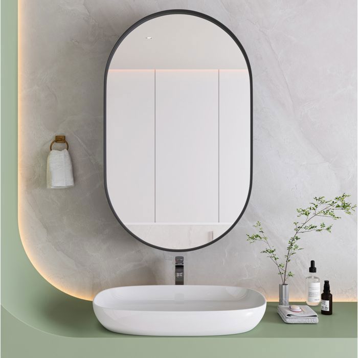 WOVREO Armoire de Salle de Bain avec Miroir ovale métal noir murale ou encastrée 2 étagères en verre 85 x 52 x 12cm