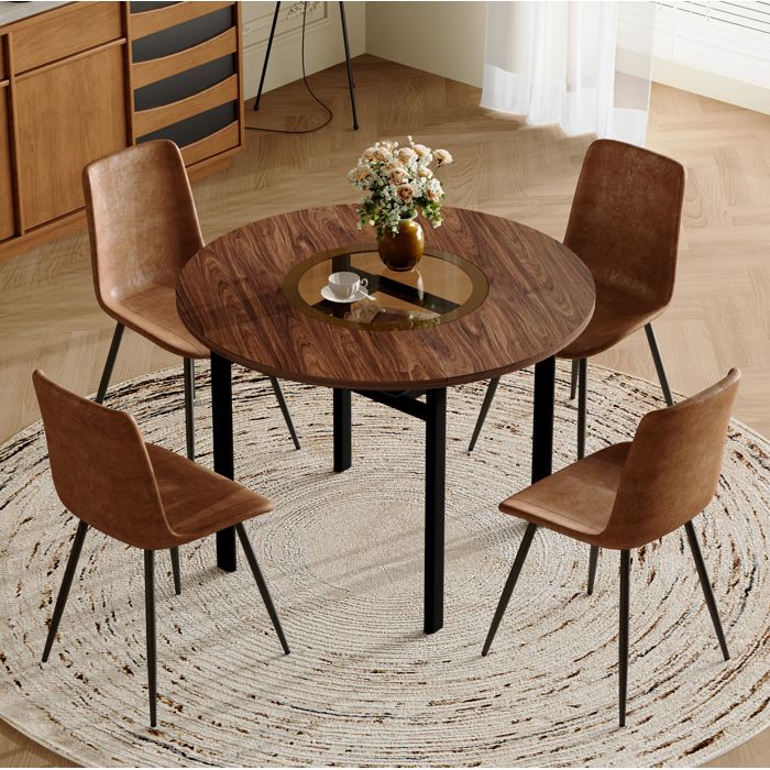Table ronde 100 cm ensemble 5 pieces avec rangement integre MDF effet bois marron 4 chaises marron noir ORVRYN