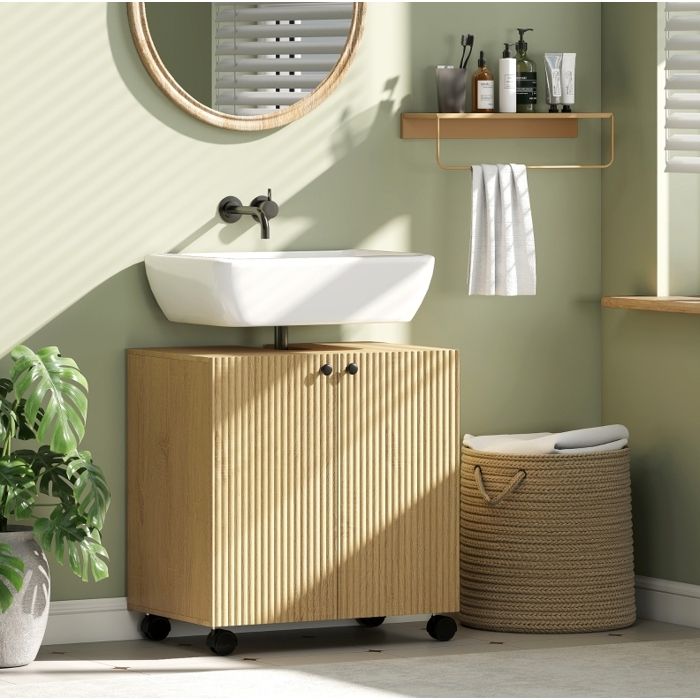 Meuble sous vasque de salle de bain 60 x 39 8 x 62 cm en bois naturel 2 portes étagère réglable roulettes